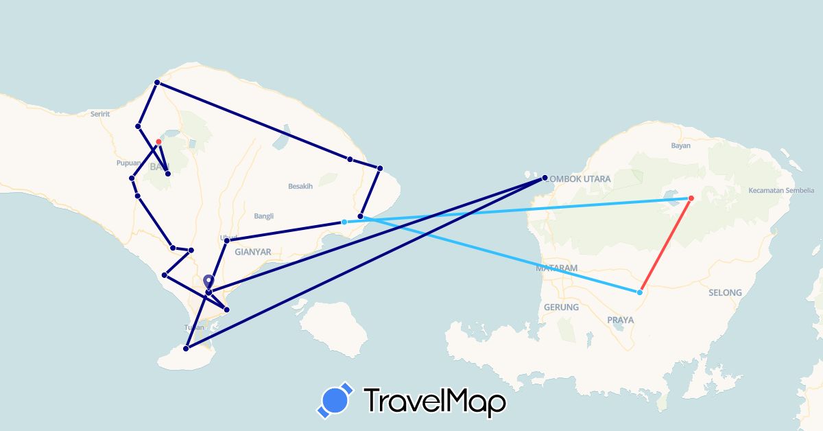 TravelMap itinerary: driving, plane, hiking, boat in Indonesia (Asia)